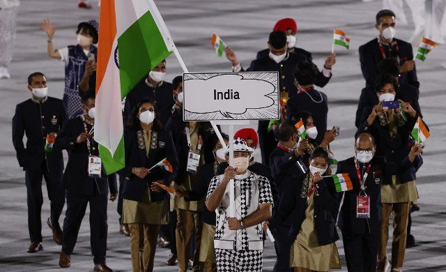 India marches during the 2020 Olympics Opening Ceremonies at Tokyo Olympics Stadium in Tokyo, Japan on Friday, July 23, 2021. Photo by Tasos Katopodis