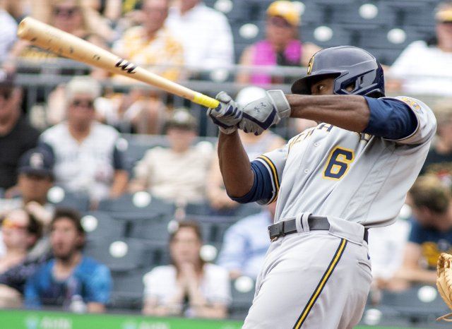 Milwaukee Brewers center fielder Lorenzo Cain (6) singles in the sixth inning of the 2-1 Brewers win against the Pittsburgh Pirates at PNC Park on Sunday, August 15, 2021 in Pittsburgh. Photo by Archie Carpenter