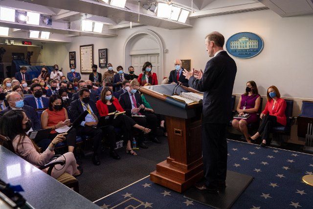 National Security Adviser Jake Sullivan speaks during the daily press briefing at the White House in Washington, DC on Monday, August 23, 2021. Photo by Ken Cedeno