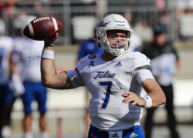 Tulsa Golden Hurricane quarterback Davis Brin (7) throws a pass against the Ohio State Buckeye in the first half in Columbus, Ohio on Saturday, September 18, 2021. Photo by Aaron Josefczyk