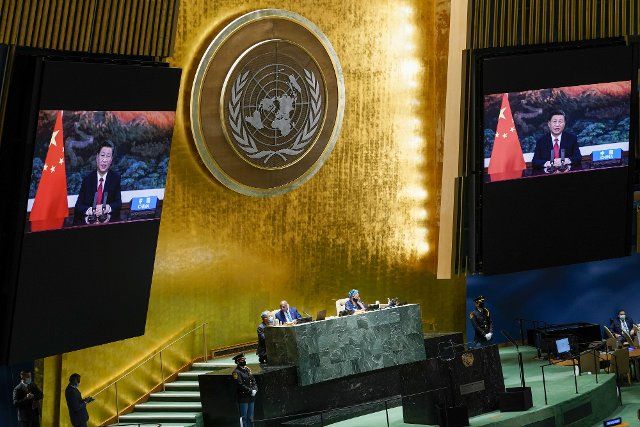 Chinese President Xi Jinping is seen on a video screen as he addresses at the 76th Session of the U.N. General Assembly on Tuesday, September 21, 2021 in New York City. (Pool Photo by Mary Altaffer\/UPI