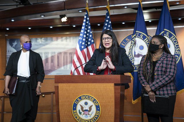 Rep. Rashida Tlaib, D-MI, speaks at a news conference calling for Rep. Lauren Boebert, R-CO, to be removed from House committee assignments at the US Capitol in Washington, DC on Wednesday, December 8, 2021. Rep. Boebert made inflammatory statements regarding Rep. Ilhan Omar, D-MN. Photo by Sarah Silbiger