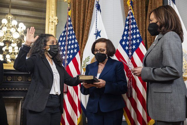 U.S. Vice President Kamala Harris ceremonially swears in Julissa Reynoso Pantaleon (L) to be the American ambassador to Spain in the Eisenhower Executive Office Building in Washington, DC, on Thursday, January 6, 2022. Photo by Jim Lo Scalzo