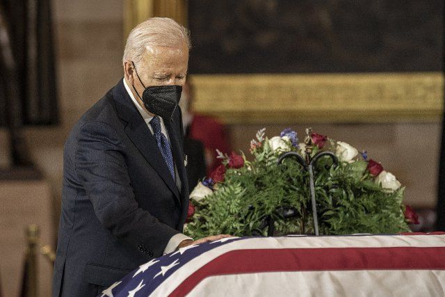 President Joe Biden pays his respects as former Democratic Senate Majority Leader Harry Reid lies in state in the Capitol Rotunda in Washington, DC on Wednesday, January 12, 2022. Reid, who represented Nevada in Congress for more than 30 years, died December 28, 2021, at the age of 82. Photo by Ken Cedeno