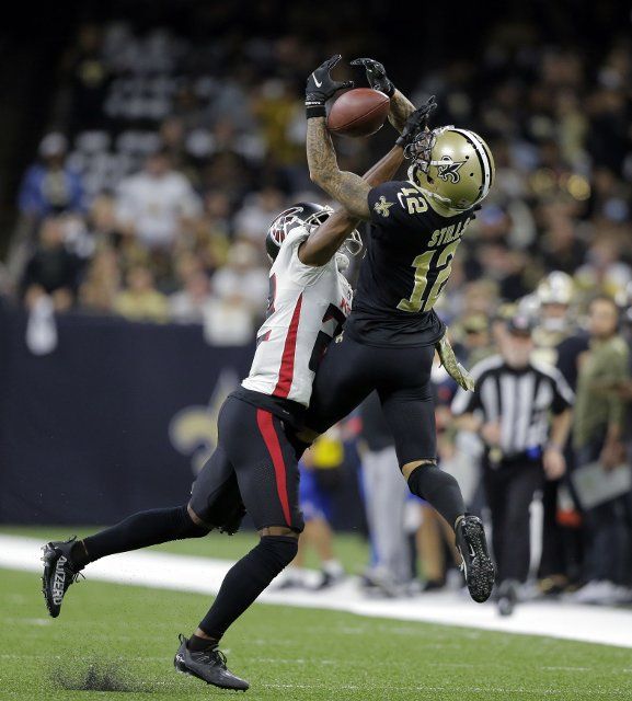 Atlanta Falcons cornerback Fabian Moreau (22) breaks up a pass intended for New Orleans Saints wide receiver Kenny Stills (12) at the Caesars Superdome in New Orleans on Sunday, November 7, 2021. Photo by AJ Sisco\/UPI