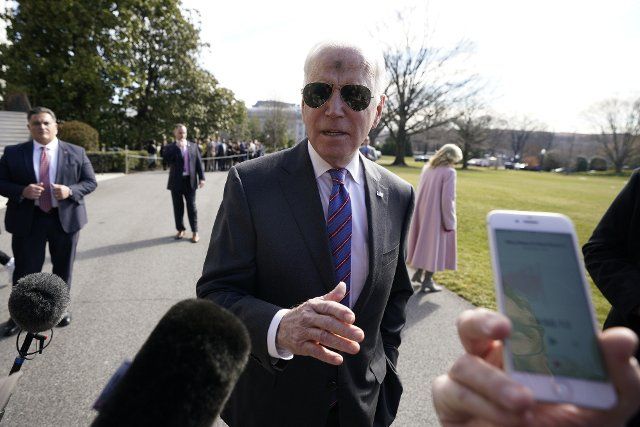 U.S. President Joe Biden talks to the media on the South Lawn of the White House on Wednesday March 2, 2022 in Washington, DC before his departure with first lady Jill Biden to Duluth, Minnesota. Photo by Yuri Gripas