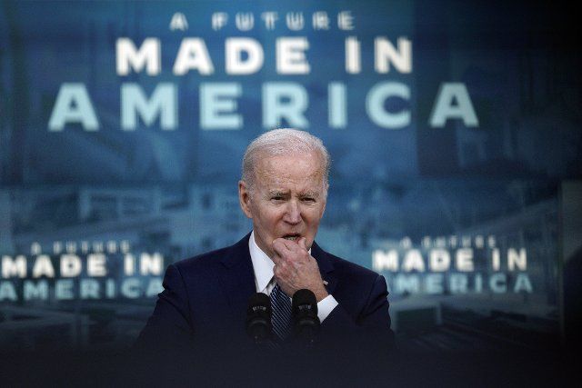 U.S. President Joe Biden delivers remarks on Made in America commitments in the South Court Auditorium at the White House in Washington on March 4, 2022. Photo by Yuri Gripas