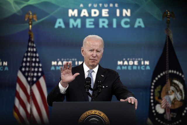 U.S. President Joe Biden delivers remarks on his work to rebuild manufacturing more in America from the South Court Auditorium at the White House in Washington, DC on Tuesday, February 8, 2021. Photo by Yuri Gripas