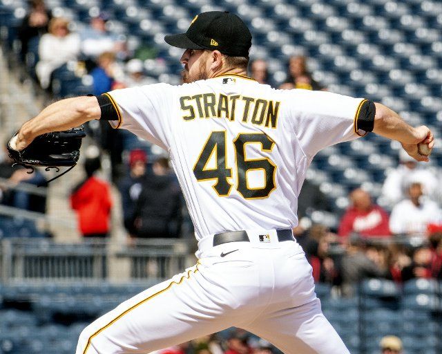 Pittsburgh Pirates relief pitcher Chris Stratton (46) throws in the ninth inning of the Milwaukee Brewers at PNC Park on Thursday April 28, 2022 in Pittsburgh. Photo by Archie Carpenter