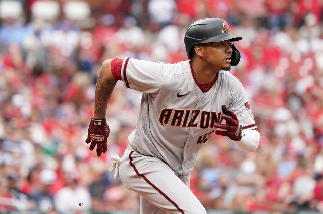 Arizona Diamondbacks Sergio Alcantara watches a ball hit for a double in the eighth inning against the St. Louis Cardinals at Busch Stadium in St. Louis on Saturday, April 30, 2022. Photo by Bill Greenblatt