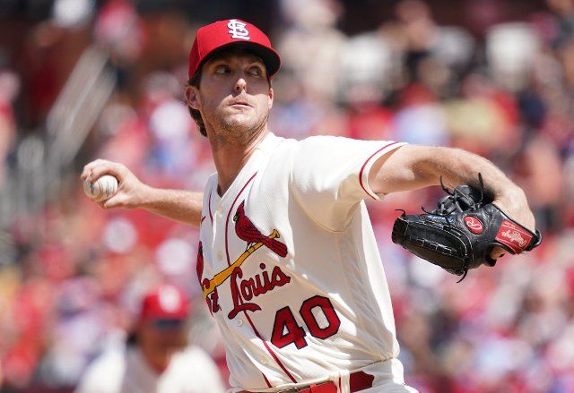 St. Louis Cardinals pitcher Jake Woodford delivers a pitch to the Milwaukee Brewers in the sixth inning at Busch Stadium in St. Louis on Saturday, May 28, 2022. Photo by Bill Greenblatt