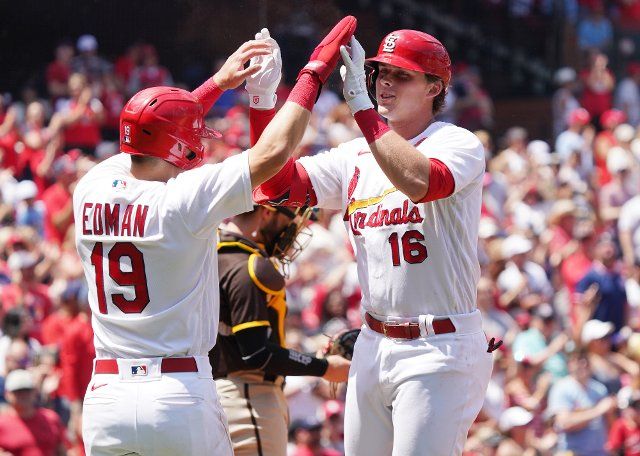 St. Louis Cardinals Nolan Gorman (R) is welcomed at home plate by Tommy Edman after hitting a two run home run in the third inning against the San Diego Padres at Busch Stadium in St. Louis on Monday, May 30, 2022. Photo by Bill Greenblatt