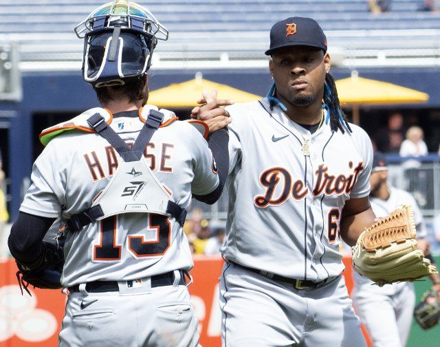 Detroit Tigers pitcher Gregory Soto (65) celebrates the 3-1 win over the Pittsburgh Pirates with Detroit Tigers catcher Eric Haase (13) at PNC Park on Wednesday, June 8, 2022 in Pittsburgh. Photo by Archie Carpenter