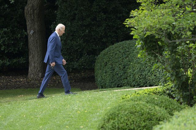 United States President Joe Biden returns to the White House in Washington, DC after addressing the 29th AFL-CIO Quadrennial Constitutional Convention in Philadelphia, Pennsylvania on Tuesday, June 14, 2022. Photo by Chris leponis