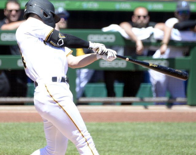 Pittsburgh Pirates shortstop Hoy Park (44) homers in the third inning against the San Francisco Giants at PNC Park on Sunday June 19, 2022 in Pittsburgh. Photo by Archie Carpenter