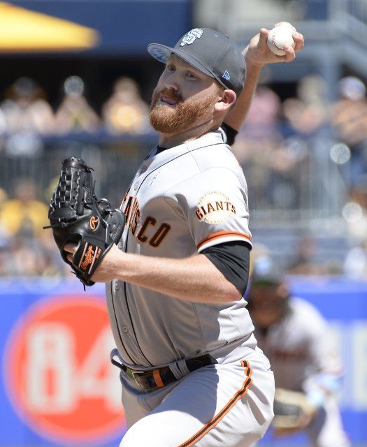 San Francisco Giants relief pitcher Zack Littell (46) throws in the sixth inning of the Pittsburgh Pirates 4-3 win at PNC Park on Sunday June 19, 2022 in Pittsburgh. Photo by Archie Carpenter