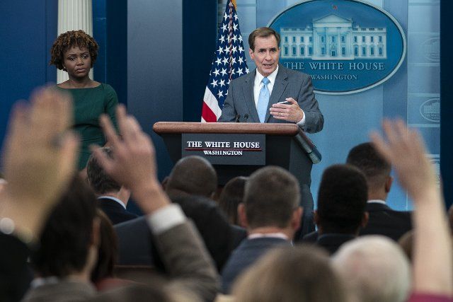 John Kirby, national security council coordinator, speaks alongside Karine Jean-Pierre, White House press secretary, during a news conference in the James S. Brady Press Briefing Room at the White House in Washington, D.C., on Tuesday, June 21, 2022. A deal to open up Saudi airspace to all flights operating into and out of Tel Aviv is being discussed ahead of US President Biden\