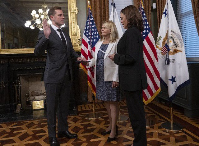 United States Vice President Kamala Harris ceremonially swears in Ambassador Scott Miller to be Ambassador Extraordinary and Plenipotentiary to the Swiss Confederation and to the Principality of Liechtenstein in the Vice President\