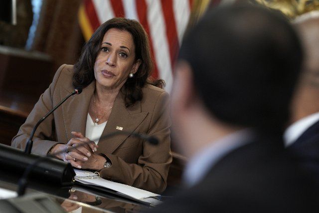 U.S. Vice President Kamala Harris meets with state attorneys general on protecting reproductive health care access in the Ceremonial office at the White House on June 23, 2022. Photo by Yuri Gripas