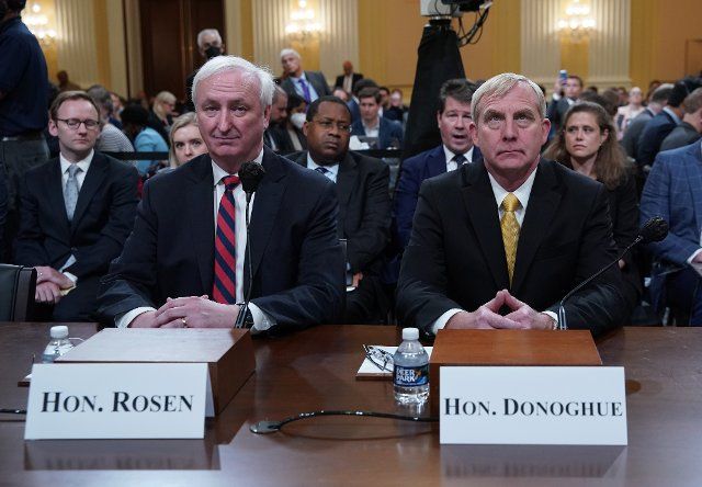 Jeffrey Rosen, former acting Attorney General and Richard Donoghue, former acting Deputy Attorney General wait to testify when the House select committee investigating the Jan. 6 attack on the U.S. Capitol holds a public hearing to discuss its findings of a year-long investigation on Capitol Hill in Washington, DC on Thursday, June 23, 2022. Photo by Jemal Countess