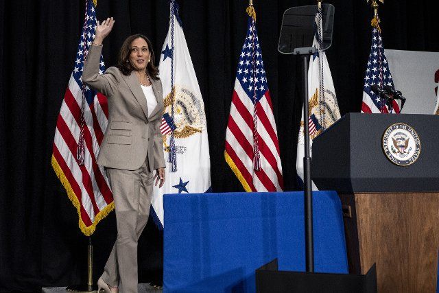 Vice President Kamala Harris waves to attendees during an event at the C.W. Avery Family YMCA in Plainfield, Illinois on Friday June 24, 2022. Photo by Christopher Dilts