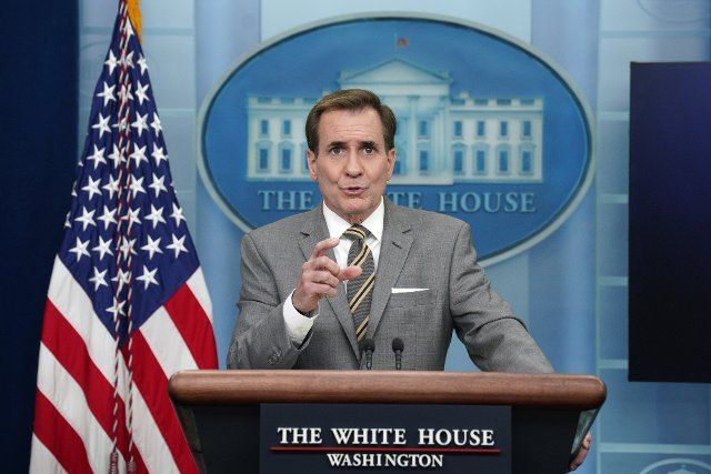 National Security Council Strategic Communications Coordinator John Kirby speaks next to and White House Press Secretary Karine Jean-Pierre (not shown) during a press briefing at the White House in Washington on Monday, August 1, 2022. Photo by Yuri Gripas
