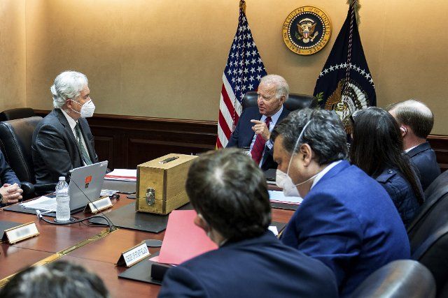 U.S. President Joe Biden meets with members of the CIA and National Security advisers about al-Qaeda leaders and their locations, Friday, July 1, 2022, in the White House Situation Room. Biden announced on Monday, August 1, 2022 that al-Qaeda leader Ayman al-Zawahiri, who helped plot the 9\/11 terrorist attack, was killed by a U.S. drone strike in Kabul. Official White House Photo by Adam Schultz