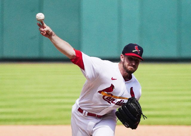 St. Louis Cardinals pitcher Chris Stratton delivers a pitch to the New York Yankees in the fifth inning at Busch Stadium in St. Louis on Sunday, August 7, 2022. Stratton struck out the side with bases loaded. Photo by Bill Greenblatt