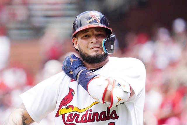 St. Louis Cardinals Yadier Molina steps out of the batters box in the fifth inning against the New York Yankees at Busch Stadium in St. Louis on Sunday, August 7, 2022. Photo by Bill Greenblatt