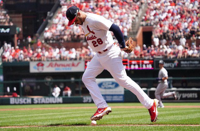 St. Louis Cardinals third baseman Nolan Arenado dances around a bunted ball off the bat of New York Yankees Aaron Judge that eventually goes foul in the first inning at Busch Stadium in St. Louis on Sunday, August 7, 2022. Photo by Bill Greenblatt