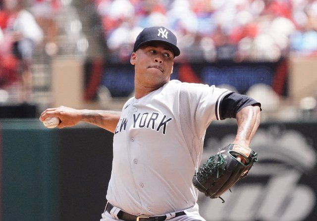 New York Yankees Starting Pitcher Frankie Montas delivers a pitch to the St. Louis Cardinals in the first inning at Busch Stadium in St. Louis on Sunday, August 7, 2022. Photo by Bill Greenblatt