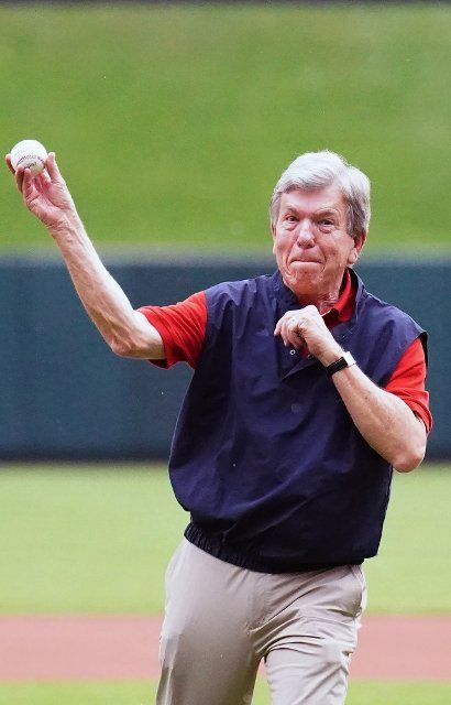 U.S. Senator Roy Blunt (R-Mo) throws a ceremonial first pitch before the start of the Missouri-Illinois Bi-State Softball Showdown at Busch Stadium in St. Louis on Monday, August 8, 2022. The annual softball game pits the Missouri Legislature against the Illinois Legislature. Photo by Bill Greenblatt