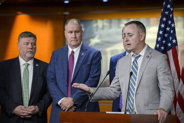 Rep. Brian Fitzpatrick, R-PA, speaks during a press conference with other Republican members of the House Intelligence Committee on the FBI\