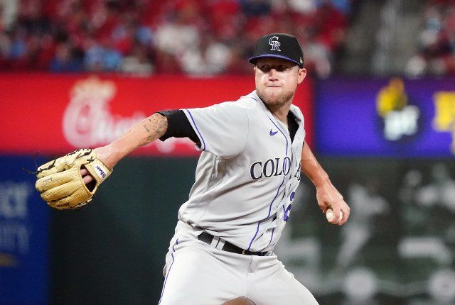 Colorado Rockies starting pitcher Kyle Freeland delivers a pitch to the St. Louis Cardinals in the fifth inning at Busch Stadium in St. Louis on Tuesday, August 16, 2022. Photo by Bill Greenblatt