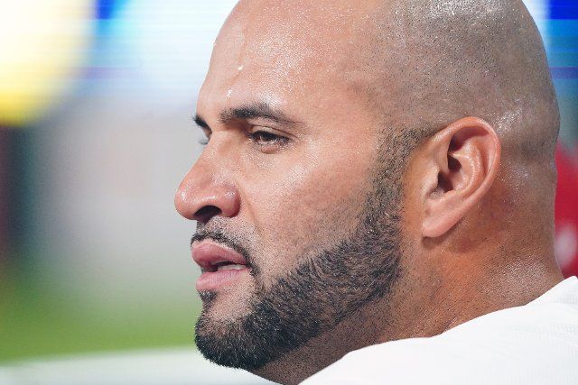 St. Louis Cardinals Albert Pujols watches the game against the Colorado Rockies after leaving the game in the sixth inning at Busch Stadium in St. Louis on Tuesday, August 16, 2022. Photo by Bill Greenblatt