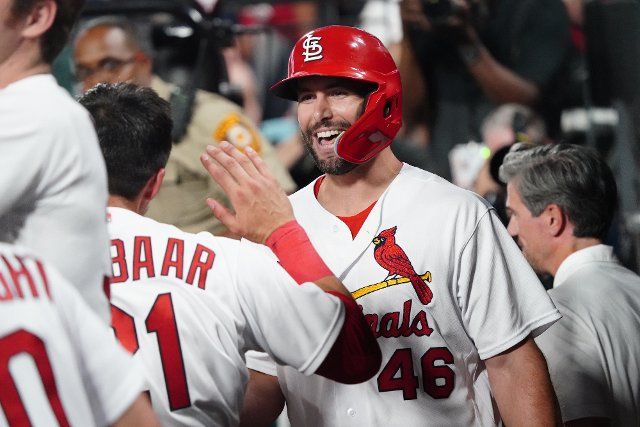 St. Louis Cardinals Paul Goldschmidt is congratulated by teammates in the dugout after hitting a two run home run in the fifth inning against the Colorado Rockies at Busch Stadium in St. Louis on Tuesday, August 16, 2022. Photo by Bill Greenblatt