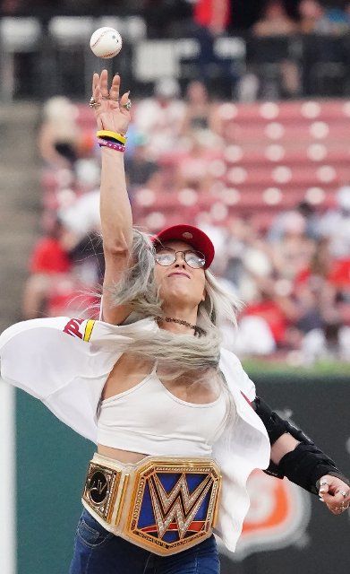 WWE Superstar Liv Morgan throws a ceremonial first pitch before the Colorado Rockies-St. Louis Cardinals baseball game at Busch Stadium in St. Louis on Tuesday, August 16, 2022. Photo by Bill Greenblatt