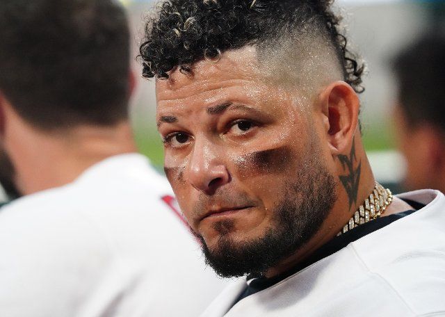 St. Louis Cardinals catcher Yadier Molina looks to the stands during the Colorado Rockies-St. Louis Cardinals baseball game at Busch Stadium in St. Louis on Tuesday, August 16, 2022. Photo by Bill Greenblatt