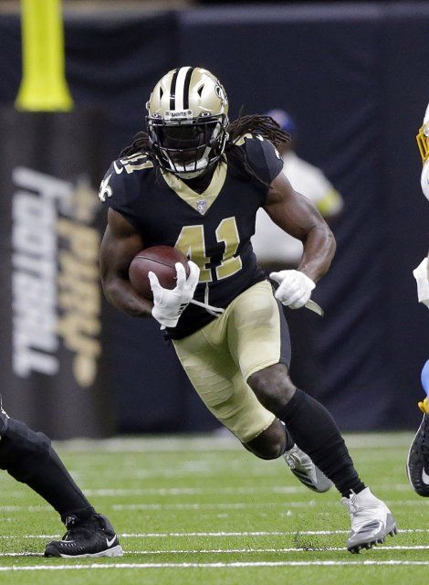 New Orleans Saints running back Alvin Kamara (41) carries the ball against the Los Angeles Chargers at the Caesars Superdome in New Orleans on Friday, August 26, 2022. Photo by AJ Sisco\/UPI