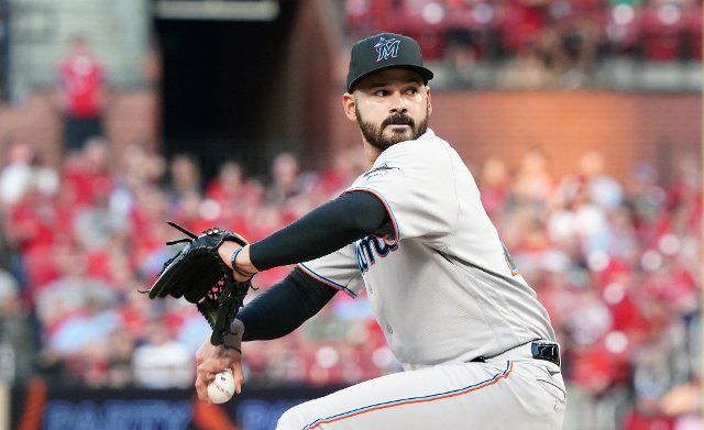 Miami Marlins starting pitcher Pablo Lopez delivers a pitch to the St. louis Cardinals in the third inning at Busch Stadium in St. Louis on Monday, June 27, 2022. Photo by Bill Greenblatt