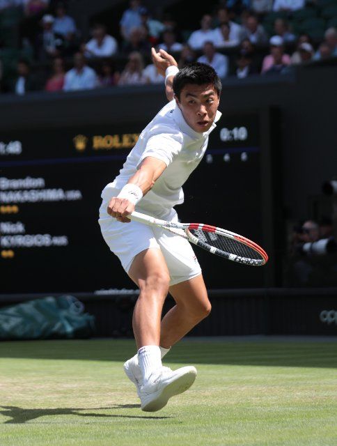 American Brandon Nakashima in action in his fourth round match against Australian Nick Kyrgios on day eight of the 2022 Wimbledon championships in London on Monday, July 04, 2022. Photo by Hugo Philpott