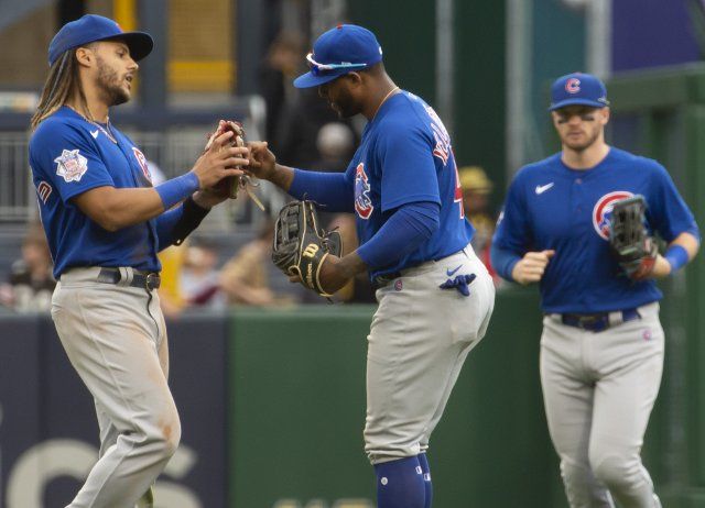 Chicago Cubs outfielders celebrates the 8-5 win against the Pittsburgh Pirates at PNC Park on Sunday September 25, 2022 in Pittsburgh. Photo by Archie Carpenter