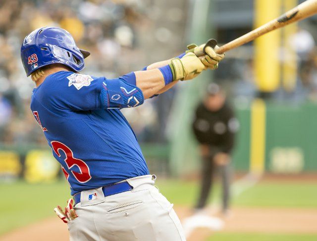 Chicago Cubs second baseman Esteban Quiroz (43) singles and drives in one run during the seventh inning of the 8-3 Cubs win against the Pittsburgh Pirates at PNC Park on Sunday September 25, 2022 in Pittsburgh. Photo by Archie Carpenter