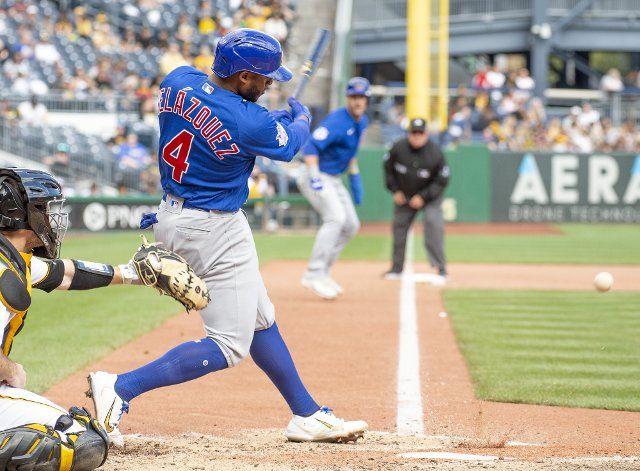 Chicago Cubs center fielder Nelson Velazquez (4) single in a two runs on a fielding error during the seventh inning of the 8-3 Cubs win against the Pittsburgh Pirates at PNC Park on Sunday September 25, 2022 in Pittsburgh. Photo by Archie Carpenter