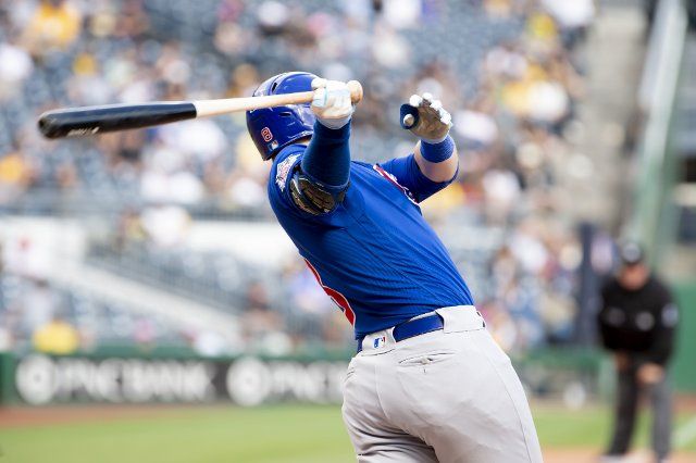 Chicago Cubs left fielder Ian Happ (8) singles in the seventh inning driving in one run during the 8-3 Cubs win against the Pittsburgh Pirates at PNC Park on Sunday September 25, 2022 in Pittsburgh. Photo by Archie Carpenter