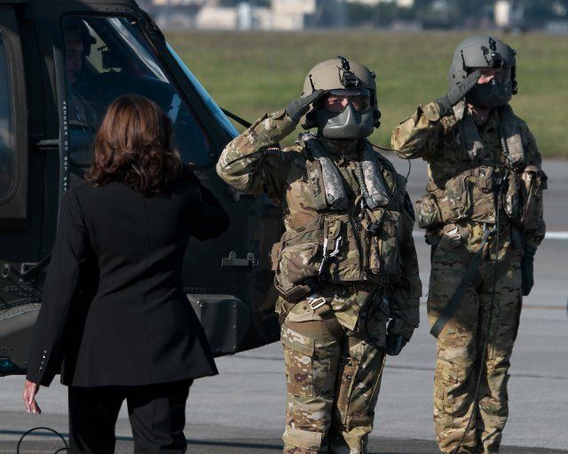 U.S .Vice President Kamala Harris walks to board the U.S. Army UH-60L leave from Yokota Air Base in Tokyo, Japan on Monday, September 26, 2022. Photo by Keizo Mori