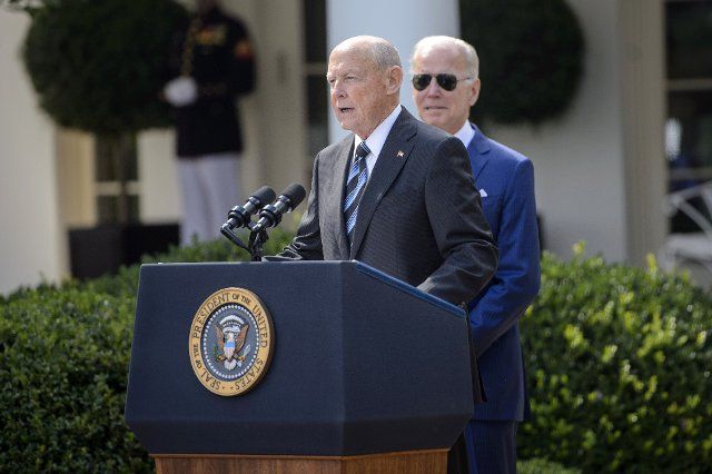 Bob Parant, a Medicare beneficiary, introduces President Joe Biden before he speaks on lowering health care costs and protecting Medicare and Social Security during an event in the Rose Garden at the White House in Washington, DC on Tuesday, September 27, 2022. Photo by Bonnie Cash