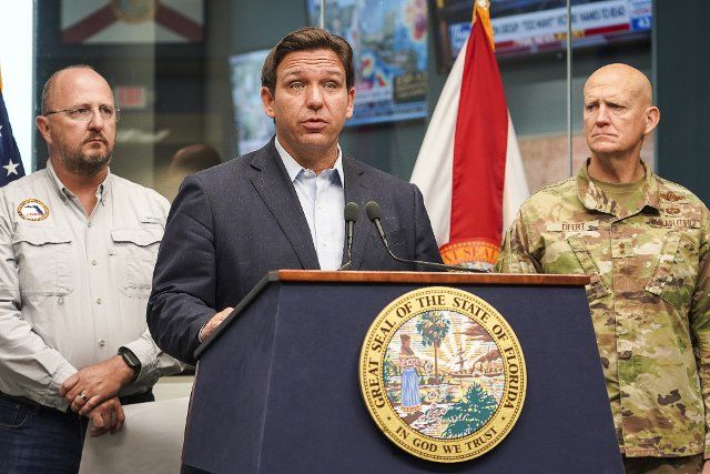 Florida Governor Ron DeSantis, along with FDEM Director Kevin Guthrie and National Guard Major General James O. Eifert, holds a press briefing on Monday, September 26, 2022, in Tallahassee, Florida, to update residents on Hurricane Ian. Photo by Robert Kaufmann\/FEMA