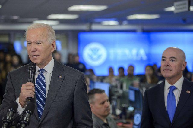 President Joe Biden speaks as Secretary of the Department of Homeland Security Alejandro Mayorkas .looks on during a press conference after being briefed on the impact of Hurricane Ian and ongoing federal government response efforts at the FEMA Headquarters in Washington, DC on Thursday, September 29, 2022. Photo by Bonnie Cash