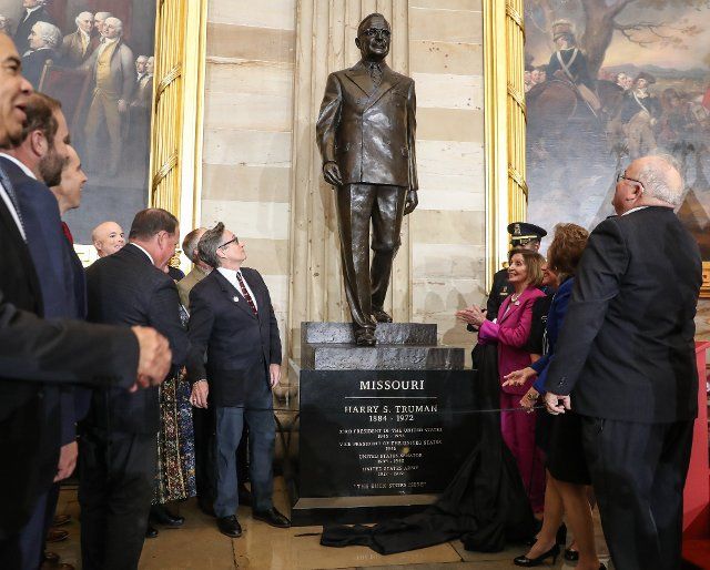 Clifton Truman Daniel is joined by Speaker of the House Nancy Pelosi and other congressional leaders as unveils the statue of U.S. President Harry S Truman erected in The Rotunda at the U.S. Capitol in Washington DC on Thursday September 29, 2022. Photo by Jemal Countess